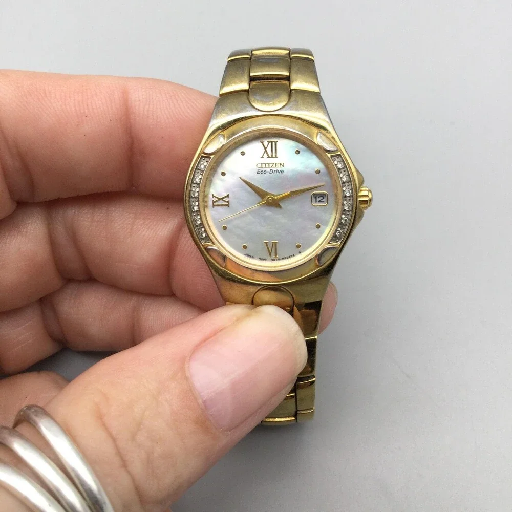 Citizen Eco-Drive Womens Watch 26mm MOP Dial Gold Tone Diamond Accent Bezel